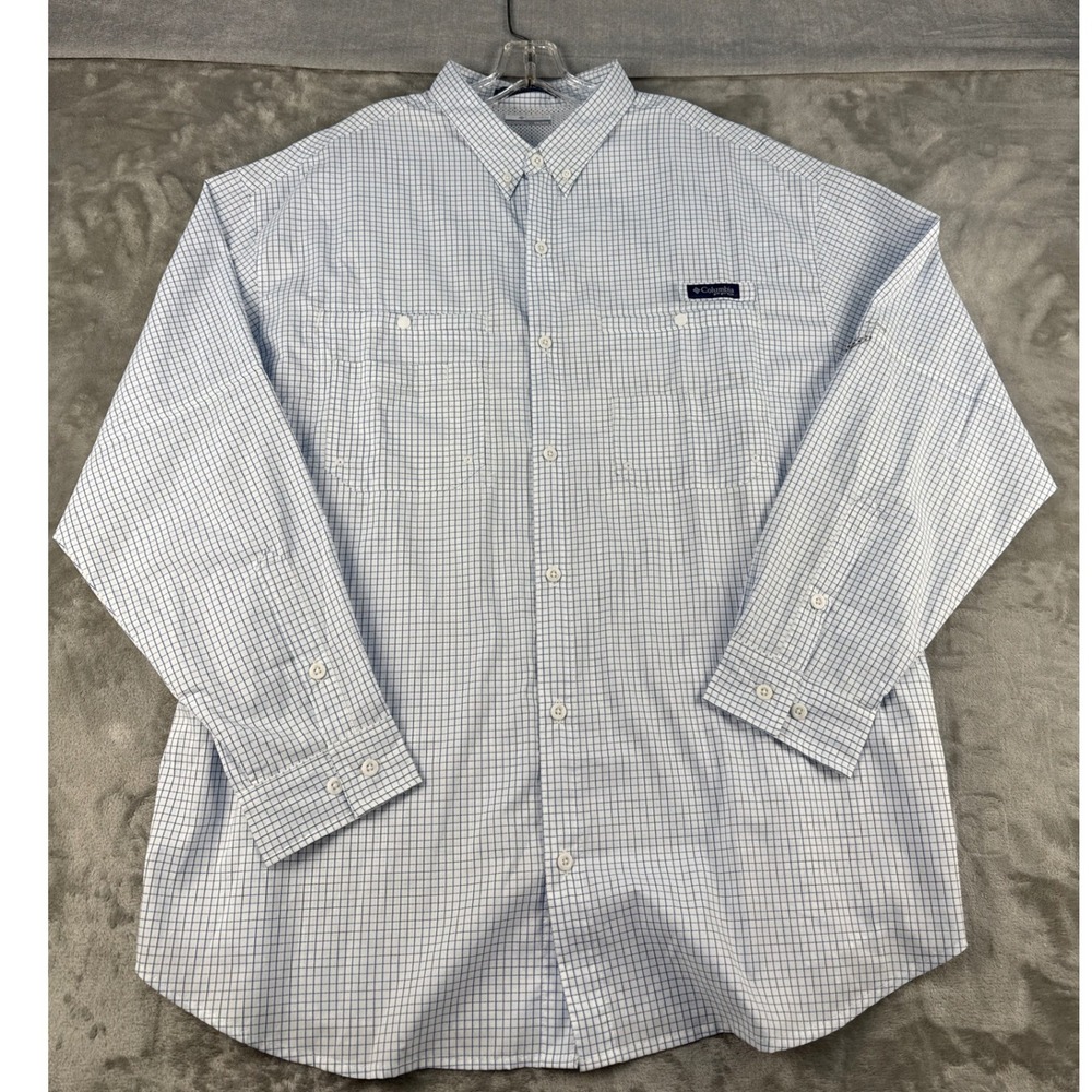 Columbia Shirt Mens XXL Super Tamiami Blue White Grid PFG Long Sleeve EUC